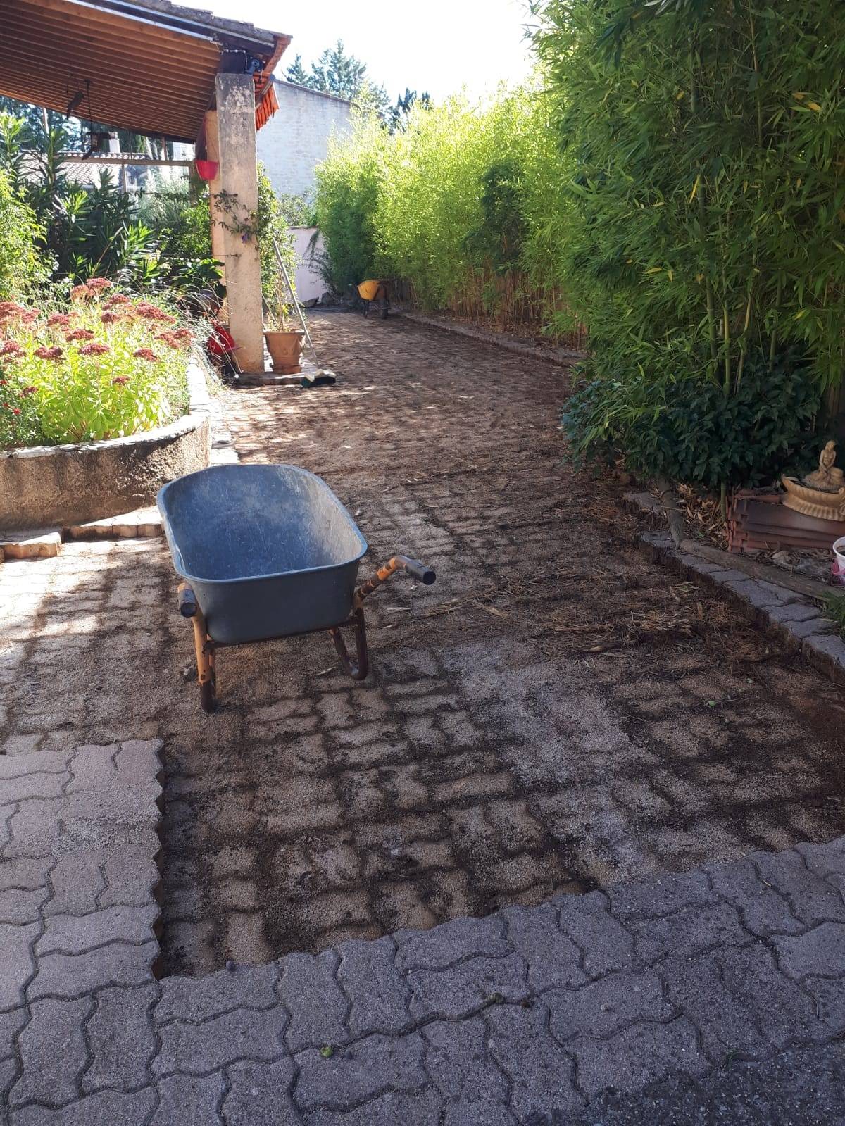 Demontage des pavés pour aller chercher les rhizomes de bambous à St Maxmin la Ste Baume