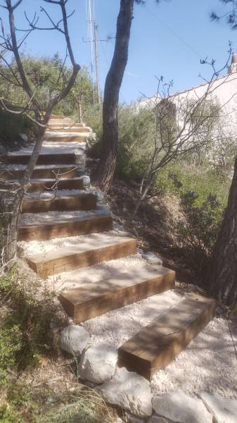 Création d'un escalier en harmonie avec la végétation pas d'arbre coupé